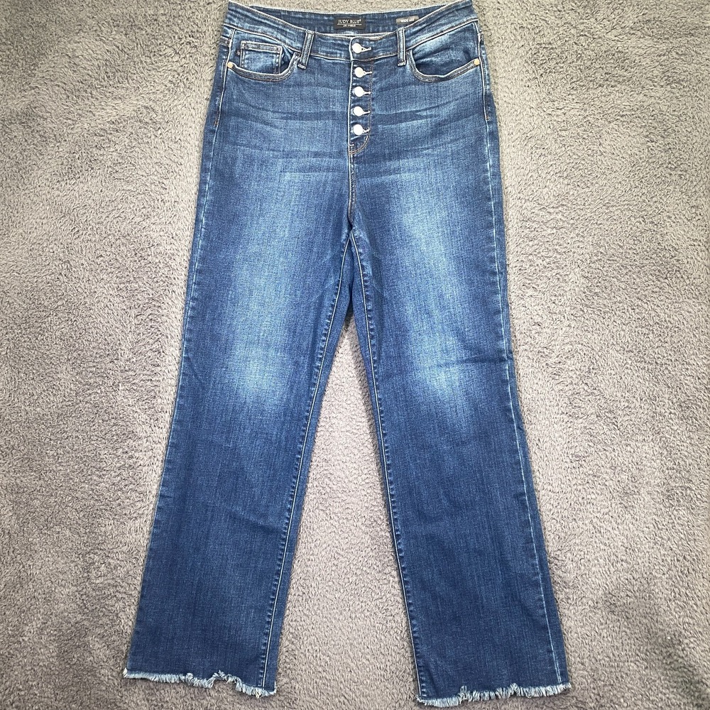 Judy Blue Womens Jeans 15/32 High Rise Wide Leg Blue Raw Hem Button Fly
